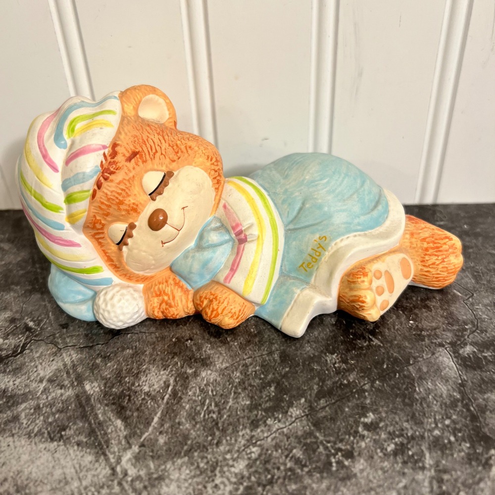 Vintage Enesco 1980s Sleeping Teddy Bear Ceramic Coin Piggy Bank | Nursery